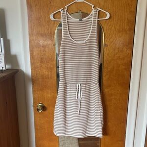 Sleeveless Knit Drawstring Tank Dress in Beige and White